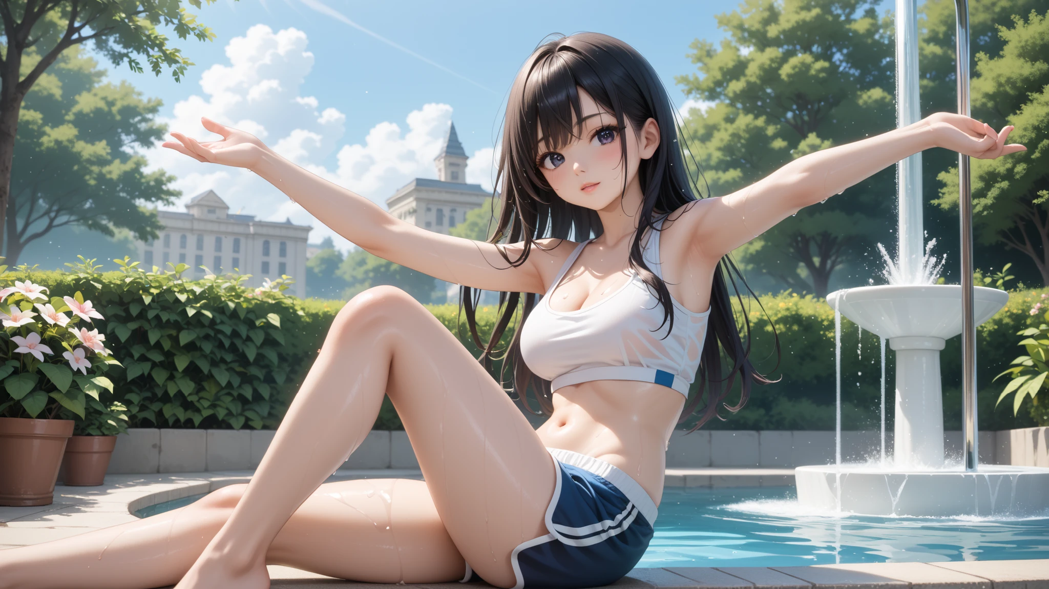 A barefoot girl,Wearing a blue bikini,Stand on the stairs of the mall,The people around her were dressed and looked at her