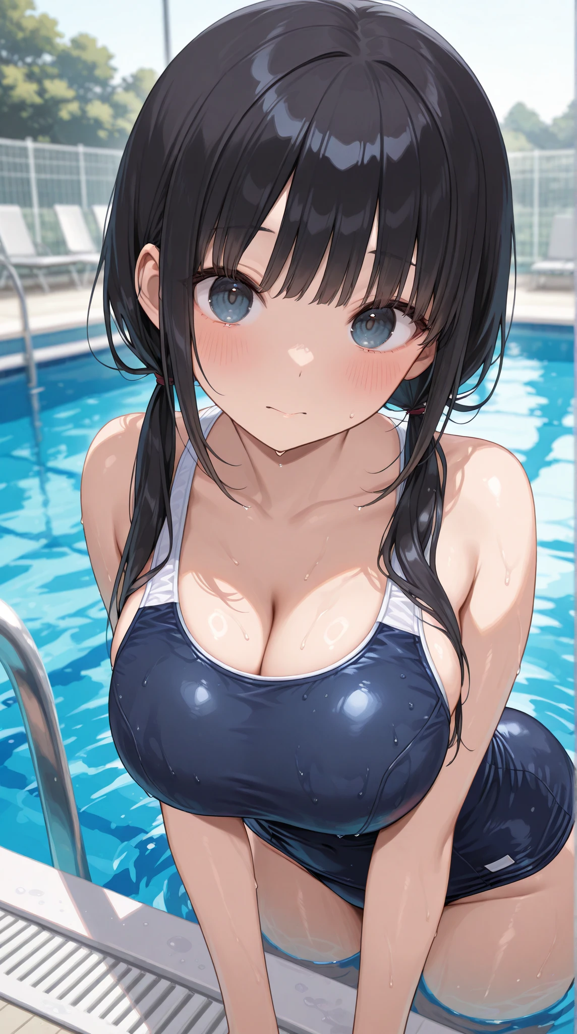 beautiful girl、high school girl、Wet black hair、Shy expression、blush、Navy blue school swimsuit、big breast body shape、Japan School Pool、Water Drop、Wet Skin、Wet swimsuit、