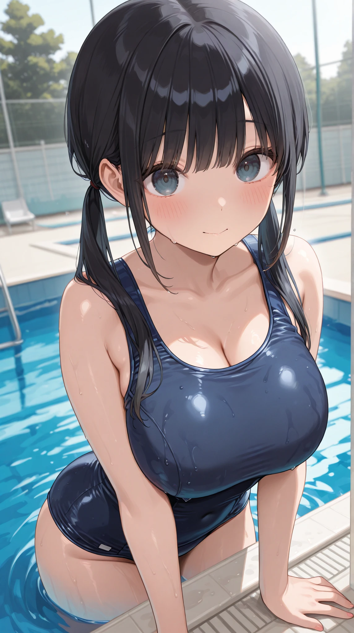 beautiful girl、high school girl、Wet black hair、Embarrassed look、blush、Navy school swimsuit、Large breast body type、Japan School Pool、Water Drop、Wet Skin、Wet swimsuit