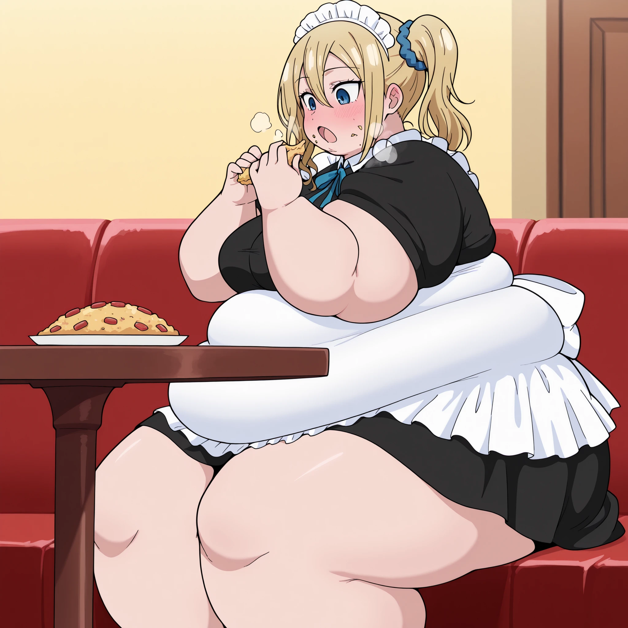 masterpiece, best quality, amazing quality,, 1 girl, solo, Hayasaka Ai, blond hair, blue eyes, , mature female, breasts, anime screencap,, , blush, wearing  maid costume, looking down, cowboy shot, , ,fat, chubby, obese, gigantic arms and legs, large breasts open mouth, out of breath, puffy cheek, from side, sitting on a couch, showing feet, eating food, in front of tones of food, table, food in mouth, side view,