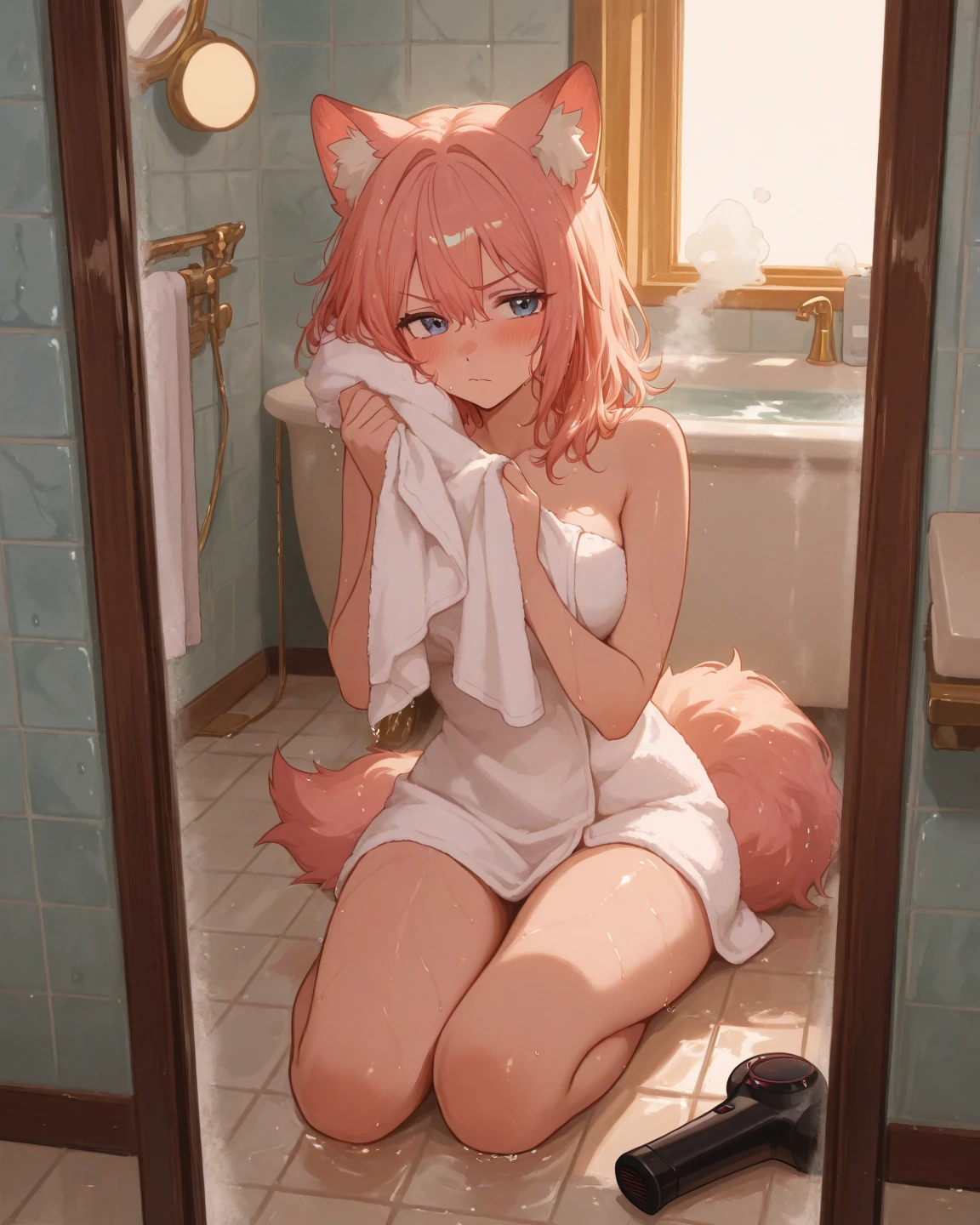 Wrap a bath towel around your body , (labia:0.7)