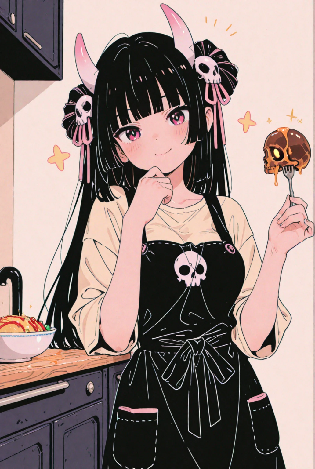 azhiichigo style,big cat eyes, thick lines, cute, 1girl, patisserie, baking goods, gothic clothing, goth grunge outfit, long black hair with straight bangs hime cut, serious, black eyeshadow, black eyeliner, floating, kawaii, cute, sparkles, magic bakery