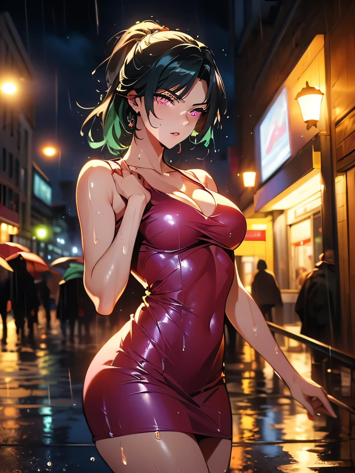 1 girl spacepunk,(((1girl))), aachizuru, long hair, ((cute and beautiful afro haired girl)),((((black race)))), (large breasts:1.4),saggy breasts,n eon blue hair,Double hair bun:1.3)))),long hair,((heterochromia:1.5, (yellow_eye and red_eye))),intricate eyes,beautiful detailed eyes,symmetrical eyes,((fat)),((((bright skin: 1.5,shiny skin,very shiny skin,shiny body,illuminated skin,wet legs)))),(spider lower abdomen,narrow waist,wide hip,athletic body,inflated legs),(((detailed face))), cute,slutty,sensual,seductive look,seductive,erotic,enchanting,((nsfw)), revealing clothing,show skin,(((neon green fishnet dress))),((slave collar)),(((wet clothes,intricate outfit,intricate clothes))), (dynamic pose:1.0),solo focus,embarrassed,(centered,scale to fit dimensions,Rule of thirds), cyberpunk city by the ocean at night, with bright neon signs and dark stormy clouds and puddles, scenery:1.25, artistic photography,(photography taken by sldr),highres, sharp focus, (ultra detailed, extremely detailed), (photorealistic artwork:1.37),(extremely detailed CG unity 8k wallpaper),((synthwave background theme)),(((vibrant colors))),(intricate background),(masterpiece),(best quality),
