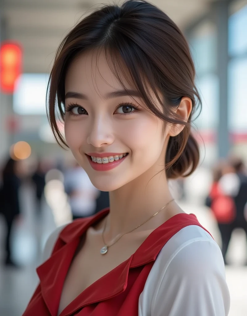 UHD, textured skin, super detail, high details, best quality, highres, 16K 、Japanese、cute、((Gal))、stewardess、((Back view))、Ponytail Hair、Half-closed eyes, Long eyelashes, Open your mouth a little, Cleavage:1.2, Super detailed face、Pink nipples、Protruding nipples、Red tie、Attention to detail、double eyelid、Put your chest together、Sharp focus:1.2、Beautiful woman:1.4、Highly detailed and professionally lit smile、Shoulder out、thin、Serious expression、whole body、Red underwear、garter belt、stockings、Long legs、 Sharp focus :1.2, Beautiful woman with perfect figure :1.4, A wistful smile, Upward glance, looking at the camera, Thin Abs :1.1, ((Brown Hair, Big Breasts :1.2)), Highly detailed face and skin texture、Black choker around the neck、garter belt、In a crowded train, ((stewardess)), Back view