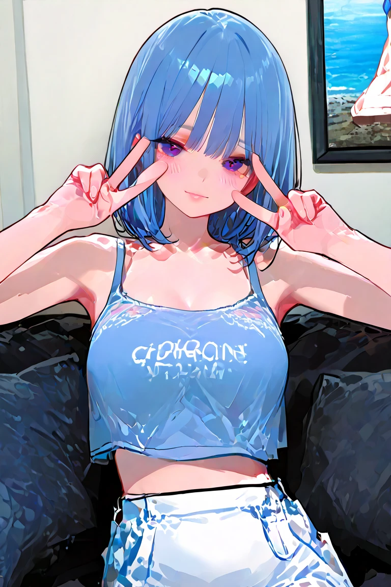 mature woman, (mature face, hot face), nasty expression, raven hairstyle, (white hair color, black gradient hair color), (sharp eyes), black pupils, glossy lips, voluptuous body, big breasts, big ass, casual clothes, oversized t-shirt, hot pants, sitting on sofa, living room, side view, tongue out, drooling, middle finger