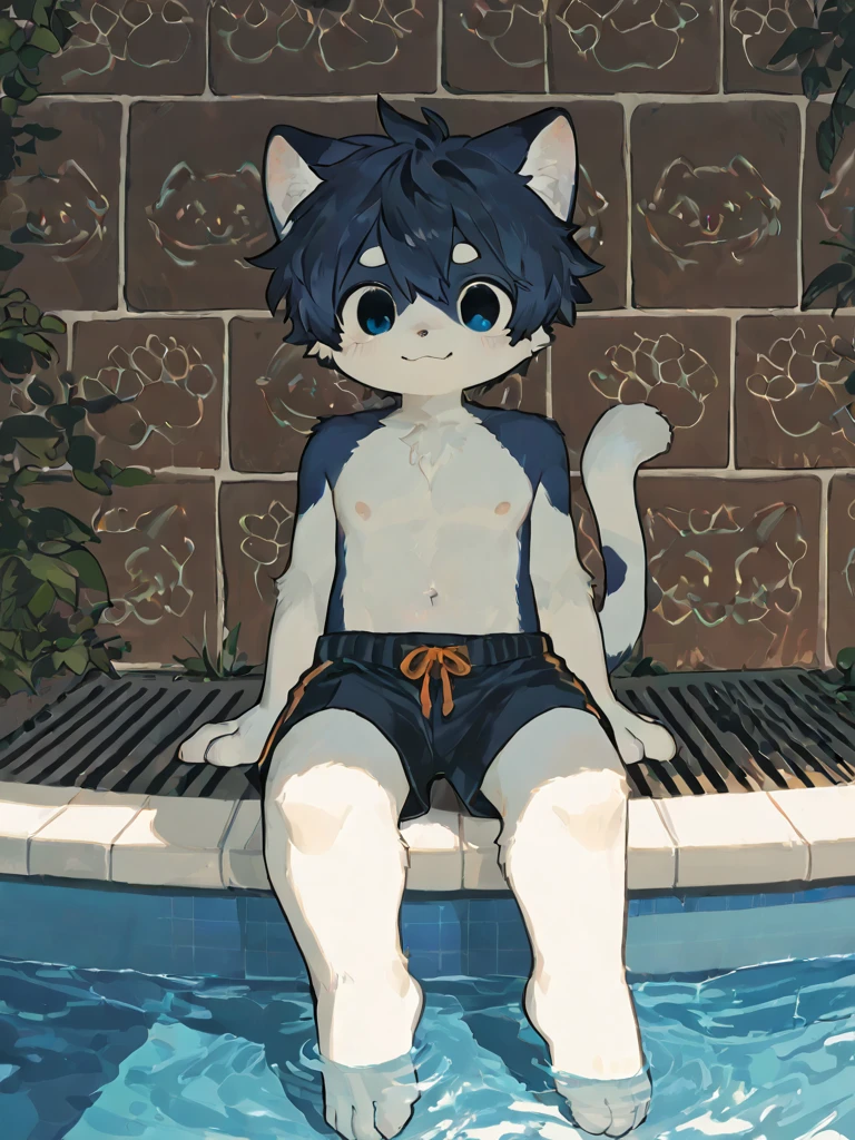 There a white cat sitting on a swim ring in the water!,A cat posing while sitting on a swimming ring, , Nice tail!!There an island behind,china blue eyes, cat on swimming ring, With cute doting eyes