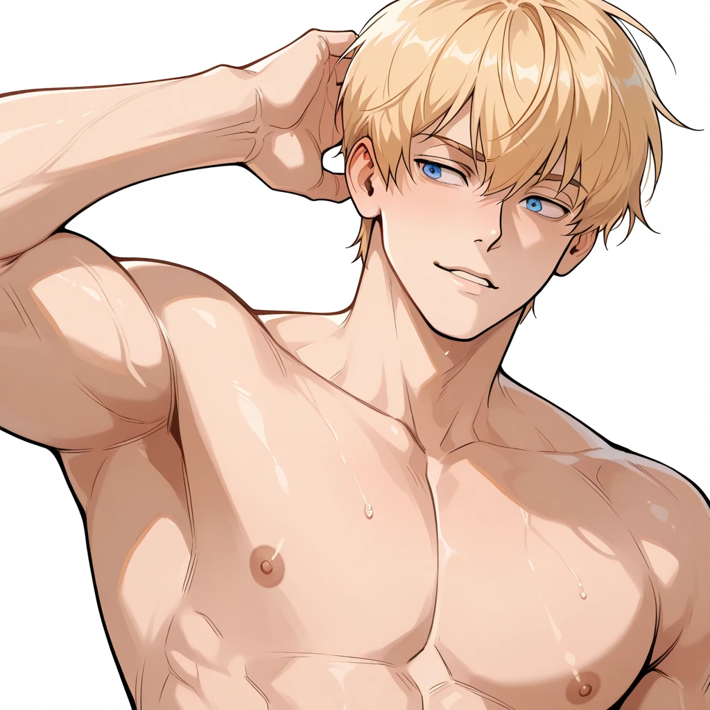 score_9, score_8_up, score_7_up, score_6_up, boy, blonde hair, bangs, short hair, spiked hair, one eye closed, yawning, shirtless, black shorts, cool, front, muscular, looking at viewer, simple white background, concept art, RinotunaYei, 