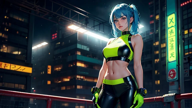 4K, A high resolution, Best quality at best, masterpiece, perfect colors, perfect shadow, perfect litthing, ((sportrait)), 1woman, fit-muscled body, bright yellow eyes, dark blue hair , blue eyes, With round lenses, detail in eyes, The audience watched carefully, (s face: 1.2), Perfect female figure, ((standing)), ((neon green Tight crop top leather suit)), ((shy and looking at viewert)), (Perfect thick white eyebrows) Delicate fur, 详细s face, s the perfect face, At a fantasy industrial city , (model pose standing), energetic background, perfect city skyscape, lighting atmosphere, ((Bonifasko lighting)), (The round lenses on his eyes)(詳細な目), Perfect student, face close up