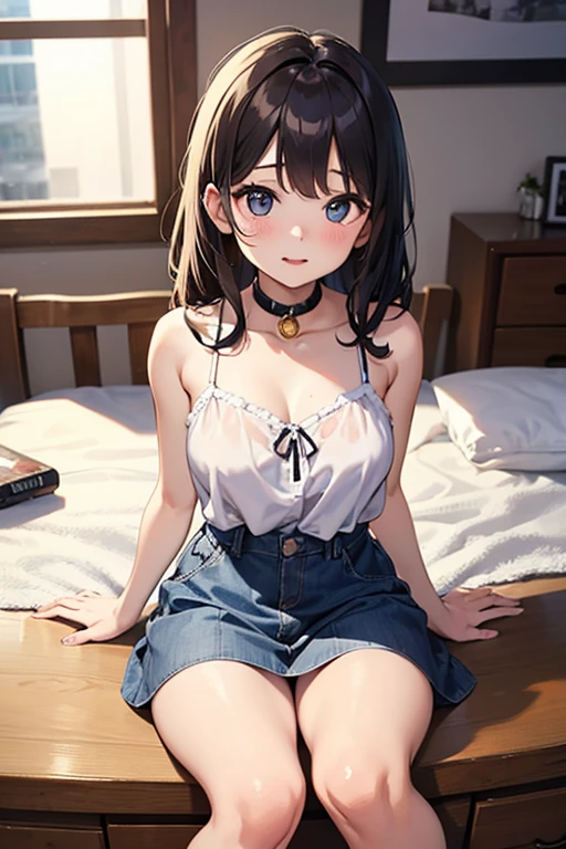 1 female、Brown Hair、Brown eyes、Highest quality、Very detailed、8 Resolution、RAW Photoasterpiece、Perfect body、High resolution、Highest quality、Detail view、Vibrant colors、Lure、smile、Long Hair、Black-rimmed glasses、Captivating breasts、Lie down in bed、camisole、Shorts、I feel