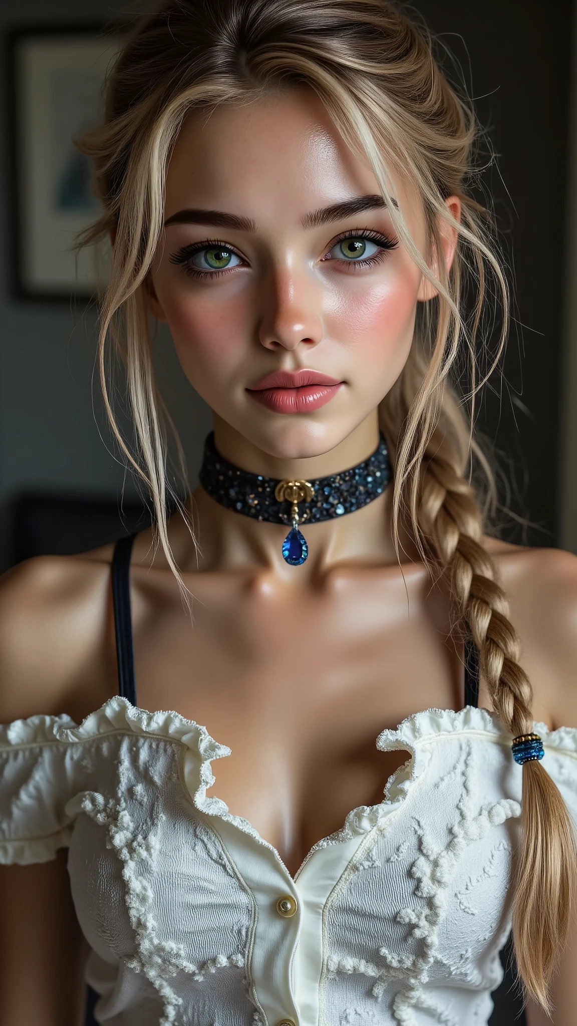  { [Style: "masterpiece, realistic, (photorealistic Realism), ultra-detailed, Hyper high resolution" - "(Hyper quality, intricate ultra-detailed digital art)"](Key Directive: - ("The priority is the anatomical accuracy and texture of the materials" - "Ultra-sharp human eyes with biological accuracy") "{Eyes:(acid-resistant terminology)(macro-details:1.3): Moist corneal surface(visible aqueous layer:1.2)Hyper-detailed iris stroma ((brown:1.3) with gold flecks) Precise limbal ring (slightly neons pigmentation:1.25)Pupil micro-texture (irregular edge authenticity:0.9) * Vasculature in sclera(subtle red veins radiating from limbus)" - "Lashes: blue individual synthetic fibers (crosshatched roots:1.2,clump-free separation)" | Hair: "red two-braid with split-end realism(neon light diffraction patterns)" | Pose: "combat-ready stance (plausible spinal twist)" Technical Specs:(Optics: - "Zeiss Otus85mm f/1.4 lens(eye refraction calculations:0.66)" - "Shutter Speed:1/500(freeze eye micro-movements)" - "Focus Stacking:7-point coverage on iris plane") (Post-Processing: - "Frequency separation for skin vs eye details" - "Selective sharpening: eyes180%,hair120%" - "Denoise: luminance20,color35(retain corneal speculars)")(Avoid: "pupil distortion, uncanny valley asymmetry, plastic-like wetness") a fairytale-like picture , beautiful princess님, full body photo, A well-drawn fairy tale, beautiful princess, , a fairytale-like picture , Detailed description, A well-drawn fairy tale, Vivid expression , Detailed facial features, Luxurious Outfit, colorful jewelry, graceful posture, Fantastic Backgrounds, magical atmosphere, Sophisticated contrast treatment, Detailed texture expression, Precision drawn with expert craftsmanship, Vibrant colors, Detailed texture expression,(Rendering engine: "Unreal Engine 5 path tracing, 16K texture maps") Anisotropic Filtering,Maximum Sharpness and Sharpness,Albedo and Specular maps,Surface Shading,Precise simulation of light-material interactions }}