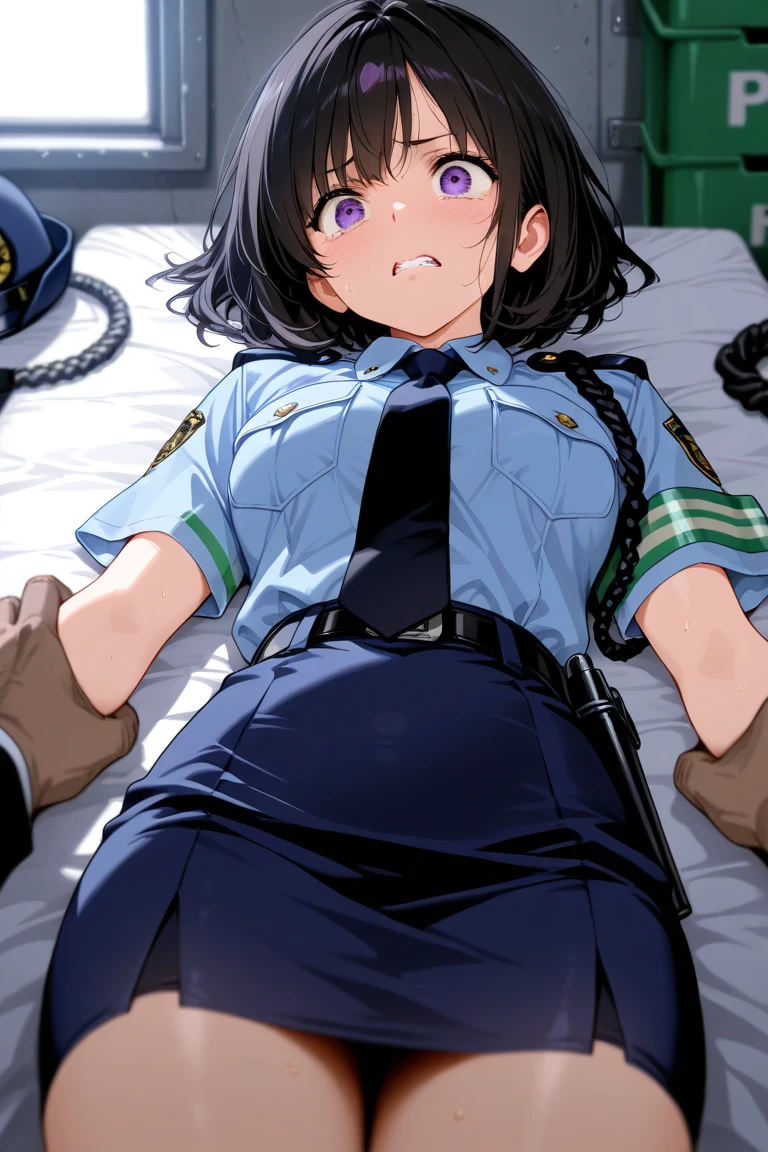 (( Handjob, Suzune Horikita, pov, hetero, 1 extremely big penis, closeup face, on bed, police uniform , serious, )), 