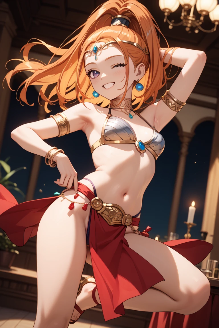 ((best quality)), ((masterpiece)), (detailed), bellydancer ,jewelry, laying, moist skin, arabian clothes, colorful clothes, turban/headband, nishikino maki, thighs, (lips:0.7), underboobs, facing away, sweating,(sweat drops:1.2)