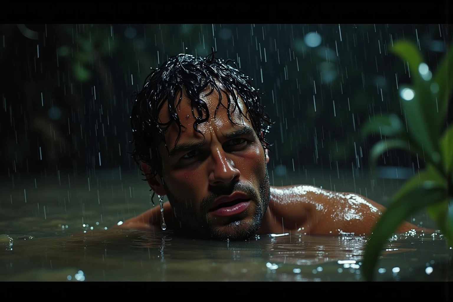 Failure man crying focusing on camera, alone, realistic, American man, middle aged, tears, water falling on body, wet body, handsome body, camera focused on face,