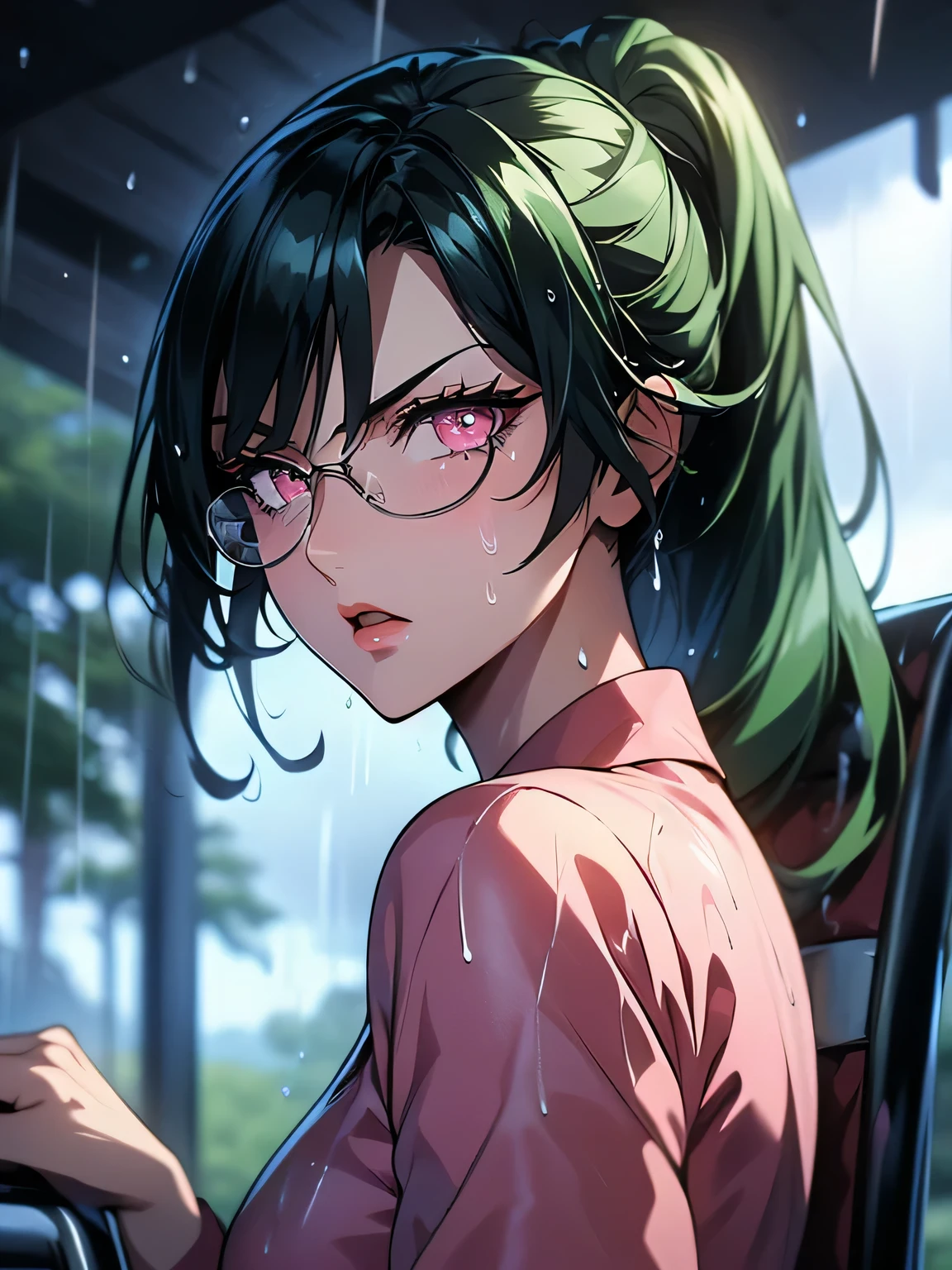 nsfw、animation、Highest image quality、high resolution、highest masterpiece、one woman、(((face with semen on a chair)))、blue-green hair、long hair、ponytail、wearing glasses、((( pink eyes)))、angry amidst enemies、(((rain)))、wind、My hair is wet