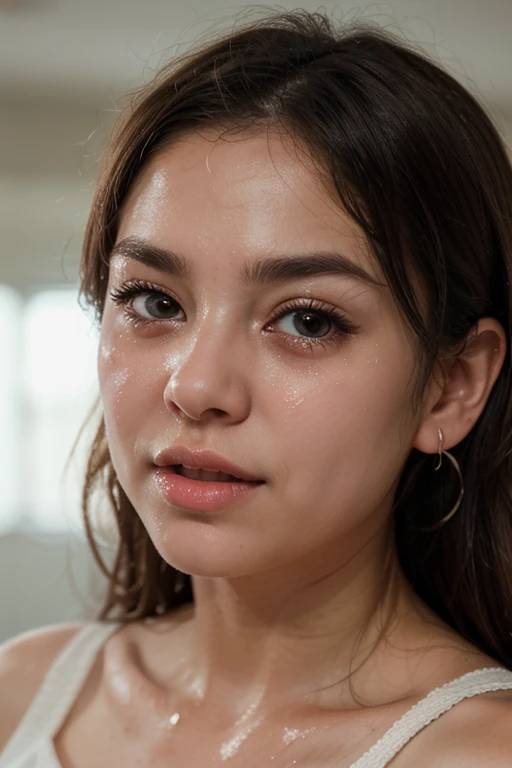 ultra photorealistic image of one Thai high school student, (her head is tilted back displaying a mouthful of semen:1.4), (semen is splattered across her face:1.4), she has long straight black hair and light blue eyes with luscious mascara and long eyelashes, (large 34C breasts:1.4), (14 years old:1.4), slim, slim oval face, sitting in a classroom, nice smile, small gold hoop earrings, looking at camera, (facing camera:1.4), ultra-high resolution, (photorealistic: 1.4), high resolution, (finely detailed skin), (perfectly proportioned) (photo realistic) (masterpiece) (photorealistic), ultra realistic (Best Quality) (Detailed) photographed in a Canon EOS R5, 85mm Lens, F/2.8, (8K) (Wallpaper), focus on face,