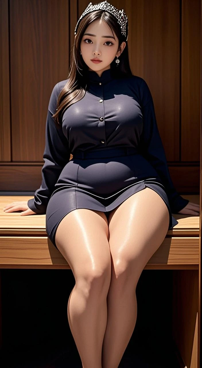 there is a woman sitting down with a longest brown hair, bbwchan, thicc, brown hijab outfit, brown hairstyle model, korean girl, korean woman, wearing brown robe, full length shot, alluring plus sized model, japanese goddess, clothed in hooded, voluptuous and arousing, portrait shot, curvy model, voluptuous body, wonderful, nene tanaka body , bbwchan, The overall atmosphere is smooth , haunting illustrations, extremely high-resolution details, photographic, realism pushed to extreme, fine texture, 4k, ultra-detailed, high quality, high contrast, red sneakers , cold atmosphere ,, cold atmosphere