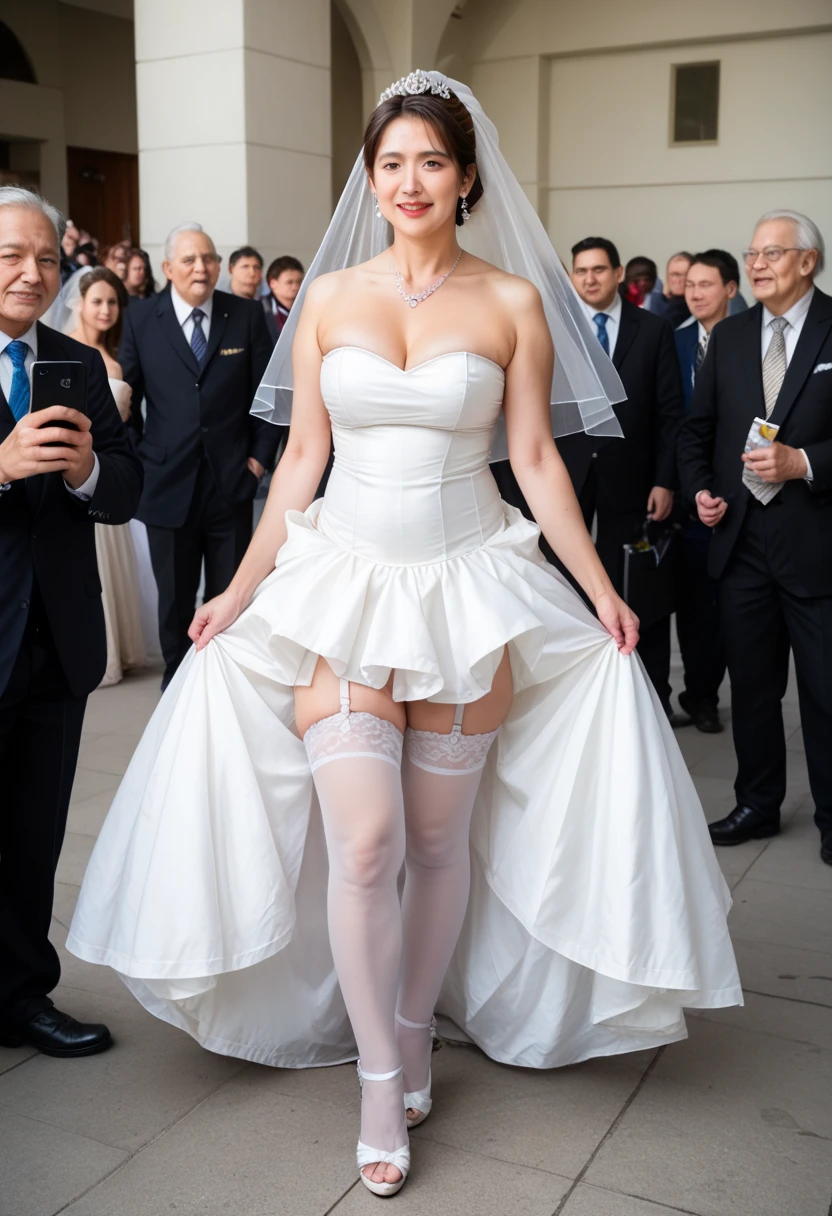 (in 8K、Raw photography、Highest Quality、realisitic、Hphotorealistic、Professional lighting、masterpiece、extremely delicate and beautiful、Highly detailed、finely detail、ultra-detailliert、hight resolution、Whole human body、low angles)、1girl in、独奏:2、(A beautiful and tall bride、At the banquet near the stage of the reception、Wearing a prom dress、Sitting on a chair with her crotch open and deliberately showing her panties:2)、Being photographed by invited guests、long legged、Opening legs:3、small tits:3、美丽的面容、Realistic body、Textured skin、japanese lady、Brown hair、Long body、Height is 170 cm、Weight is 60 kg、Lean proportions、Model body type、Detailed finger、extremely detailed eye and face、beautidful eyes、long eyeslashes、short skirt prom dresses、Raw feet、High heel、Wet lace white underwear、White panties can be seen from inside the skirt:3、Wedding dresses do not take off:2、The shape of the woman's pubic area is clearly visible、witheout panties