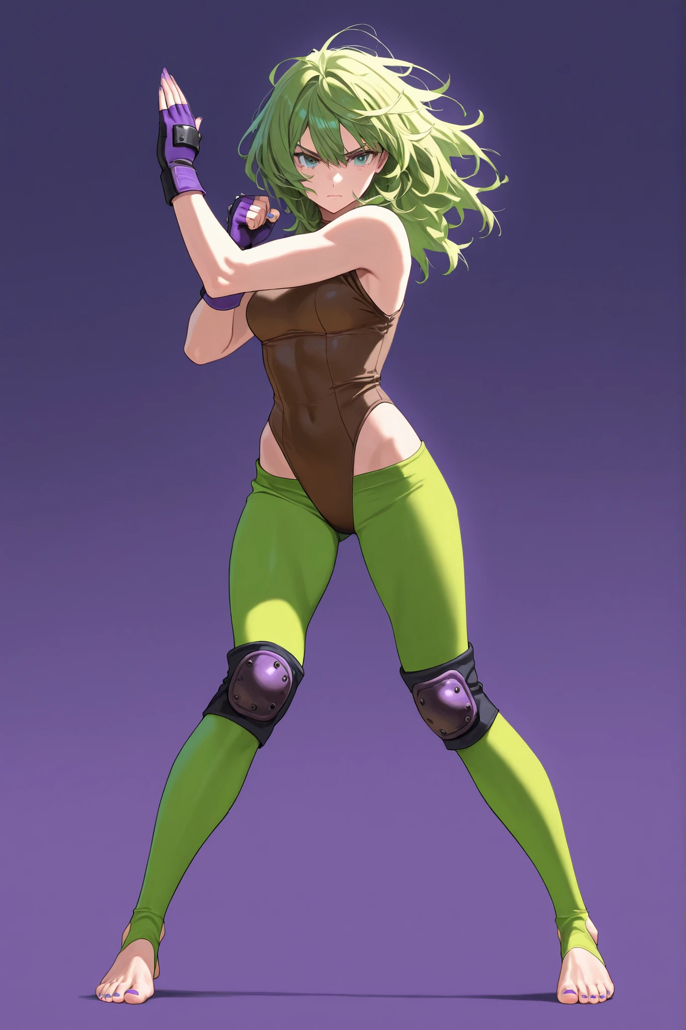 Full body image of an ogre woman, full body in image, wearing rugged fantasy-inspired outfit, long hair with ogre-like features (green skin, tusks, muscular build), female body, tall and powerful body, dynamic pose, detailed pose, simple background, expressive face showing fierceness, focus on face, line art, sketch