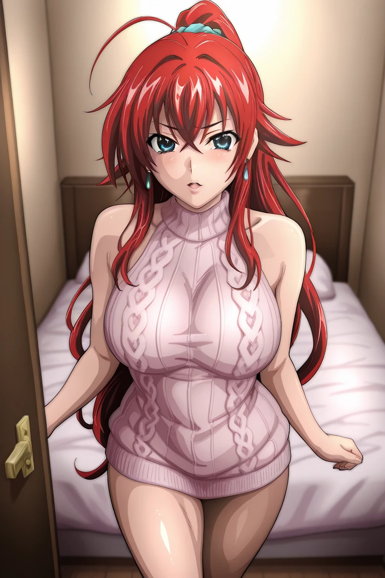 ((best quality)), bokeh BREAK (((1girl, rias gremory))), ((long hair, red hair, ahoge)), ((blue eyes)), ((smiling, blushing)), ((large breasts, beautiful breasts shape)), ((wide hips, thighs)), BREAK ((standing in the kitchen)), BREAK ((apron,naked apron)),