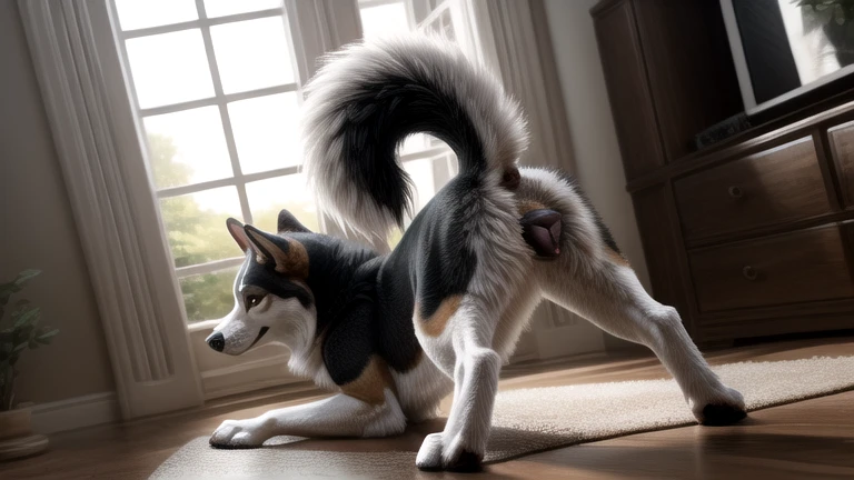(fur:1.5), (fuzzy:1.5), (by marjani), (by sabuke), solo, (feral:1.6), CANINE, grey wolf, long fur, very fluffy neck, thick tail, long snout, long ears, short stubby body, ((huge butt)), anatomically correct, (detailed lips wrinkle), female, raised tail, full-length portrait, absurd res, in heat, raise butt, (posing for viewer), cute pose, eager, looking at viewer, one leg up, huge balls, canine penis, ejaculating, pooling cum, head up, mouth open, saliva, visible breath, butt up, front view, gaping anus, bodily fluids