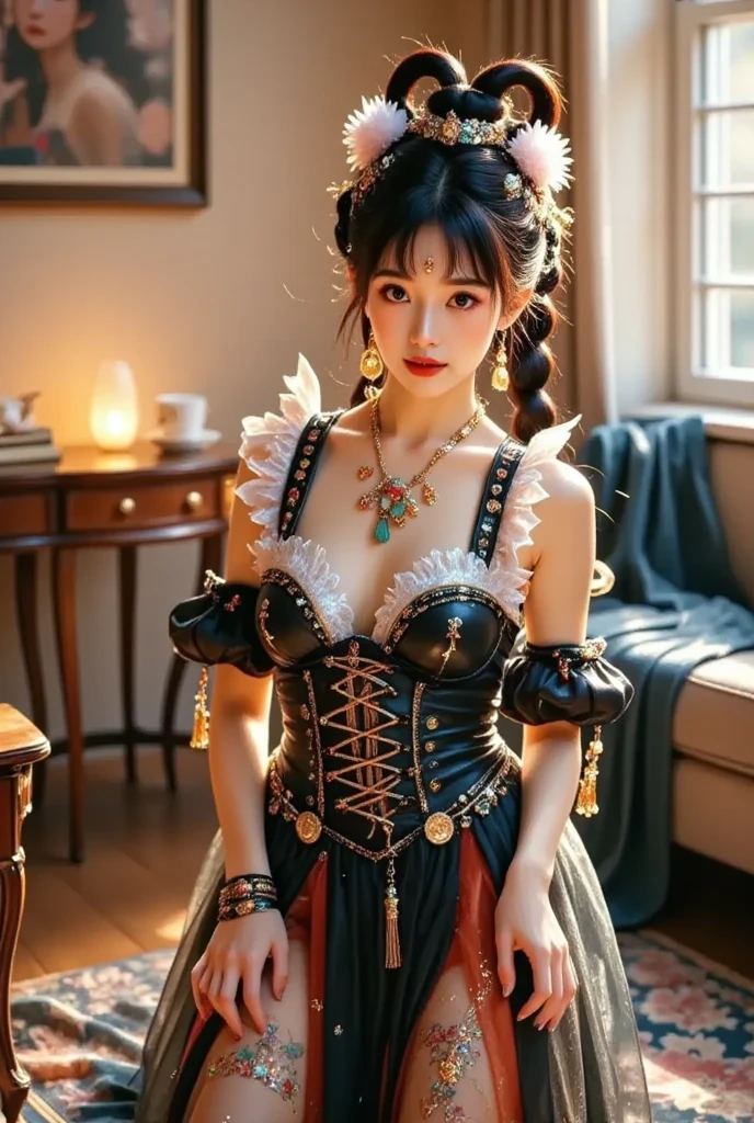 (nsfw), sexy stylish Thai model, only 1 female, ((doll-like appearance)), short Auburn stylish hair, ((shiny Victorian-Style boots)), (big smile), ultra detailed eyes, vivid eye makeup, lipgloss, long lashes, defined eyebrows, ((sexy Paradise Kiss cosplay)), bell-shaped skirt, petticoats, high neckline, puffed sleeves, ((ultra detailed lace)), ((ultra detailed embroidery)), intricate details, Paradise Kiss accessoires and matching headpiece, choker, ((large sparkling Paradise Kiss jewelry)), cinematic light, detailed large park background with trees