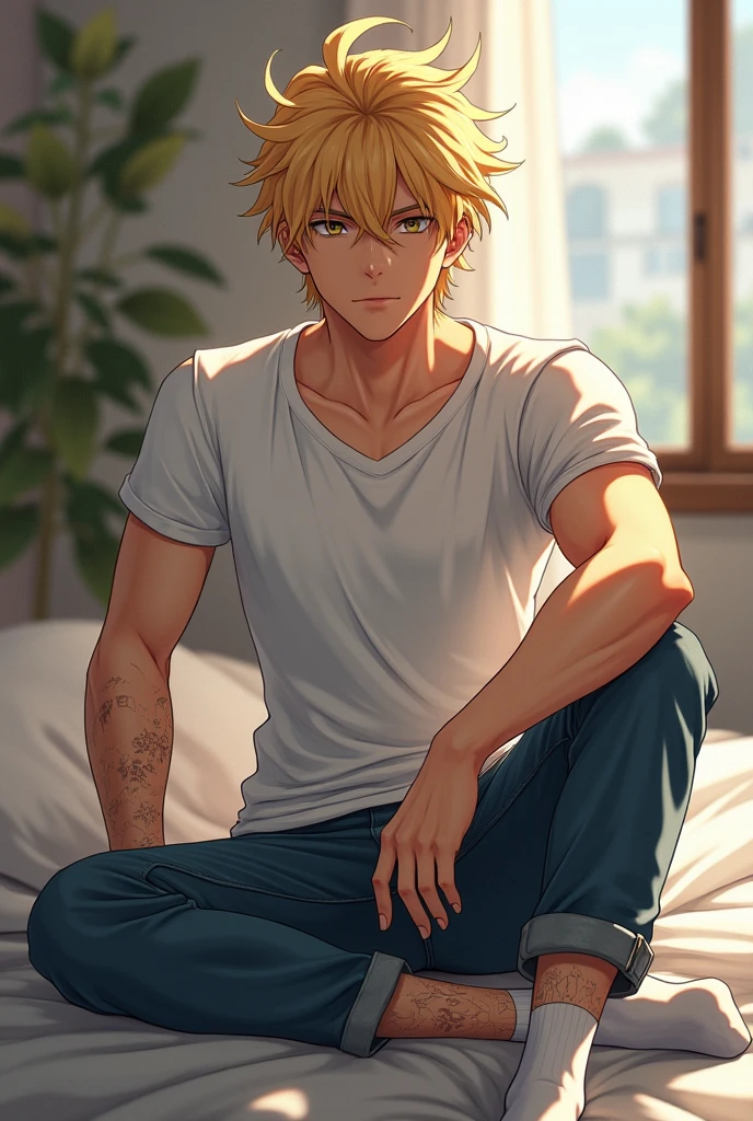 1 man, 40 years old, foreigner, blonde hair, blond pupils, holding a mobile phone, sitting on a sofa, surreal