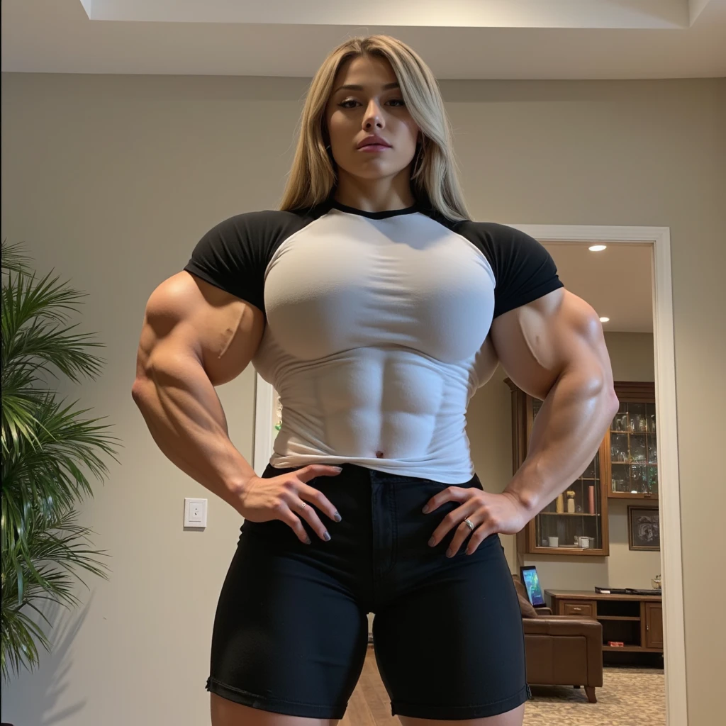 (Muscular:2.6), (thick muscular thighs, wide hips:2.5), (blonde female, brown eyes, white hair:1.5), (20 years old), (single long braid:1.5), earrings, eyeshadow, lipstick, bokeh, (nose freckles:1.5), (upper body view, visible head:1.5), (striations), (hard nipples), (flat chest:2), (cropped tanktop, pajama shorts, striped pattern:2), (looking at viewer), (big smile:1.5), detailed eyes, dark bedroom, (dawn lighting), rim lighting, two tone lighting, dimly lit, clean skin, low key (DETAILED SKIN), (big ass), (underboob), detailed eyes, three quarter view