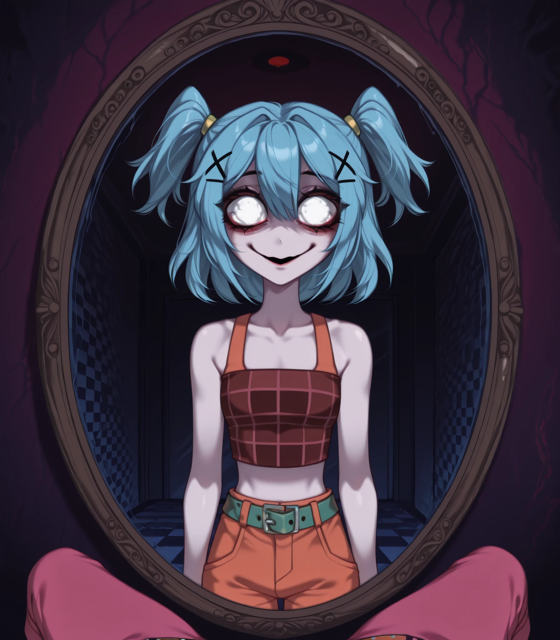  abstract background, digital_horror, fake smile, blank stare, dark nasty room, alienation,  Laceys_game,  two side up, pink pants, green belt, burgundy checkered crop top, bare shoulders, blue hair, two side up, orange shorts, burgundy tank top, white iris, pov: looking in the mirror