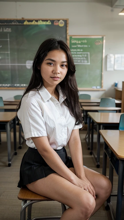 Filipina teen girl student. No panty spreading legs at class, thin white unbuttoned shirt, bright blue mini skirt, sitting on desk, in a classroom