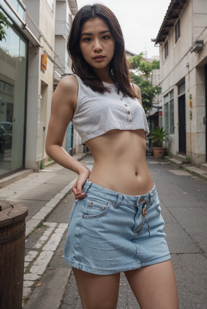 film grain and 8k raw photos from instagram.com and selfie and 22 year old young beautiful Vietnamese and beautiful and masterpiece and best quality. and Smiling naturally and waving at the camera and wearing outdoor clothes and medium full shot. Detailed hands and navel visible and visible thighs. natural lighting