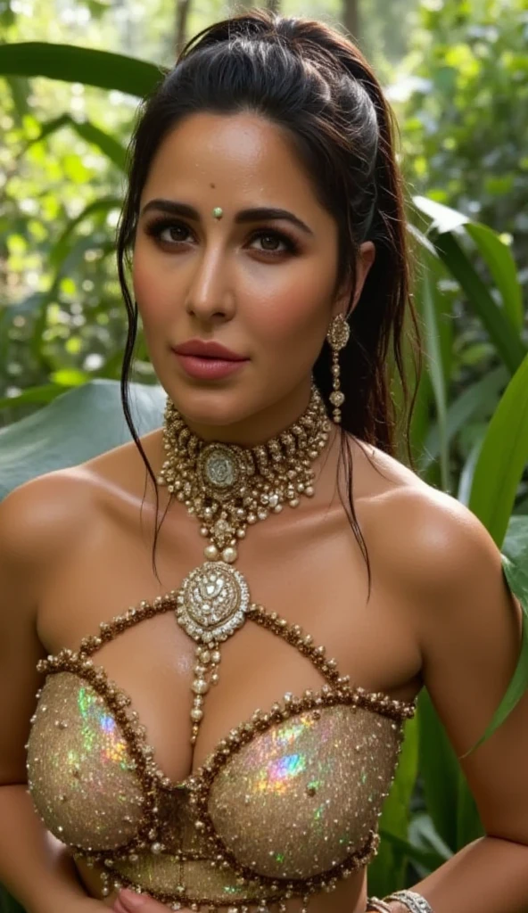 Samantha ruth prabhu,Masterpiece, ((realistic:1.5)),((best quality)), ((masterpiece)),((detailed)), (1girl), {a beautiful female wearing, (upper body:1.3),super-wide-angle lens,face focus, mature,sexy,toned muscles,long legs,curvy, barefoot, medium breasts, open cleavage, drooping breasts, thick thighs,wide hips, thin legs, green eyes,long black hair,floting hair,long eyelashes, (detailed face,beautiful eye, detailed pupilss,detailed clothes features, clear background:1.3), (Bindi,Jhumkas:1.3), (Armlet, Haar, Payal,Maang Tikka,Jhumkas,Kamarband,Bangles:1.3), mysterious ancient ruin, lush forests, deep canyons,bridge,river,cliff,cloud, lakes,rock,waterfalls, flowers, grass, fog,vine,tree, smoke, best shadow,bright details,sharp,perfect composistion, Intricate, Sharp focus, dramatic, by Frank Frazetta,by Julie Bell,by Olivia De Berardinis,by Luis Royo,by boris vallejo, (specular lighting:1.3),rim light, princesses, royal skimpy topless, hugging and touching each other, teasing her friend's belly, teasing her friend's buttocks, blushing friend, biting her friend's ear lobe, hugging from behind, touching her friend's breasts from below