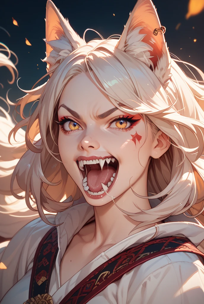 Red eyes,
Dark, angled eyebrows, intense, menacing gaze, long smile, Smile, slightly open mouth, blood on face, blood on forehead, blood in hair, long nails, sharp nails, blood on nails, straight teeth, protruding fangs, full lips, slightly open hands and profiled fingers