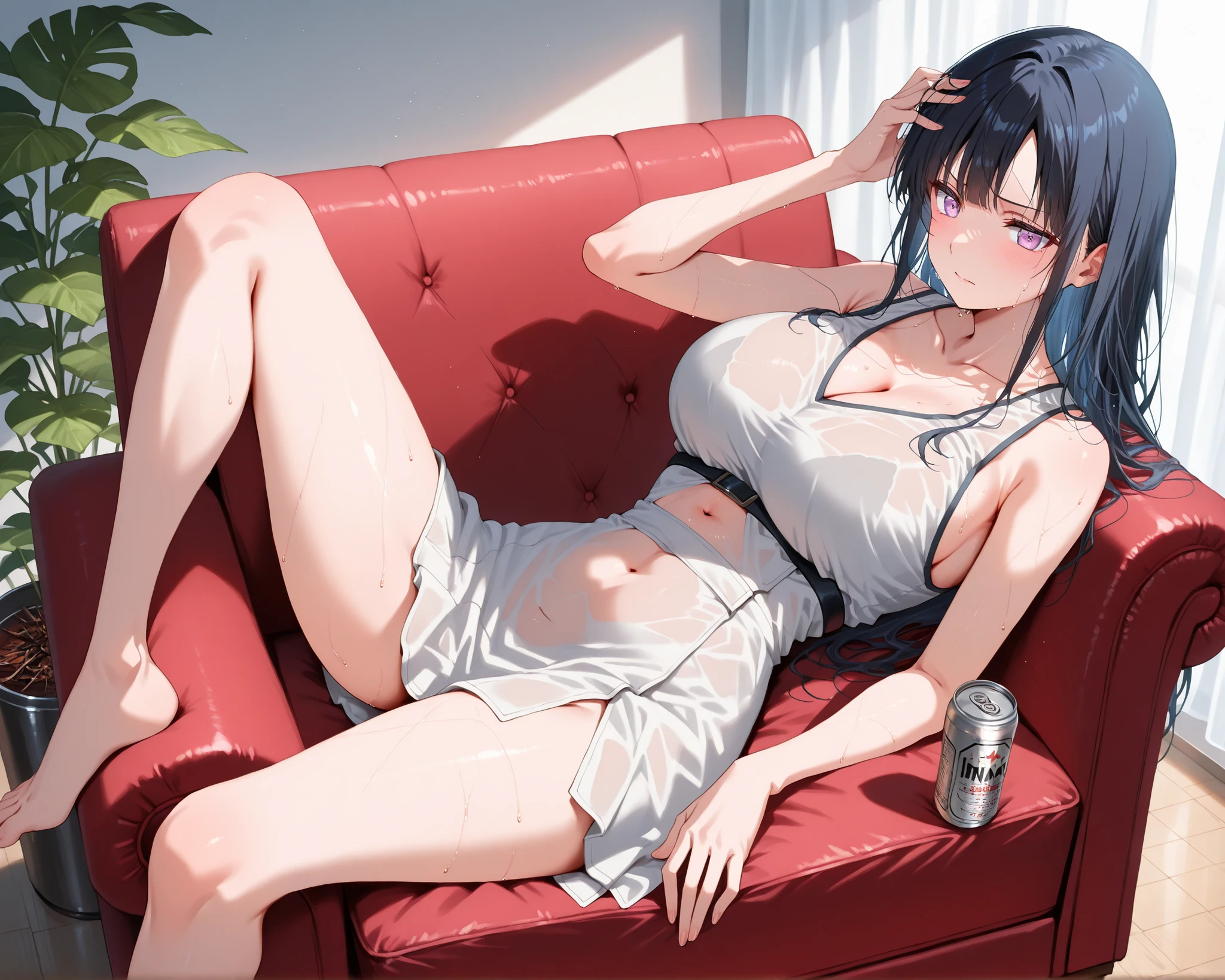 (Hinata RTN , lying on your back on a red armchair,:1.5), beautiful busty woman resting and reading a book in a futuristic room
who was wearing sexy sleeveless clothing, armchair with which she clung firmly to her big breasts, translucent fabric with sweat, without bra and with visible skin under, exposed navel, raised revealing the inner thighs, straight legs, bare feet, firm arms at the sides, expression Peaceful in a seductive exhausting skirt, sweat that shines on the neckline, Neck and thighs , slightly crisp hair, a towel that waves next to her, beer can tilted near her hand, a ceramic pig-like mosquito burner placed close to your head the sunlight that filters through the fabric of the shirt on the floor, faint shadows of wind chimes and garden leaves moving gently, cinematic lighting, Warm and soft environment , anime-style, ultra detailed, 8K