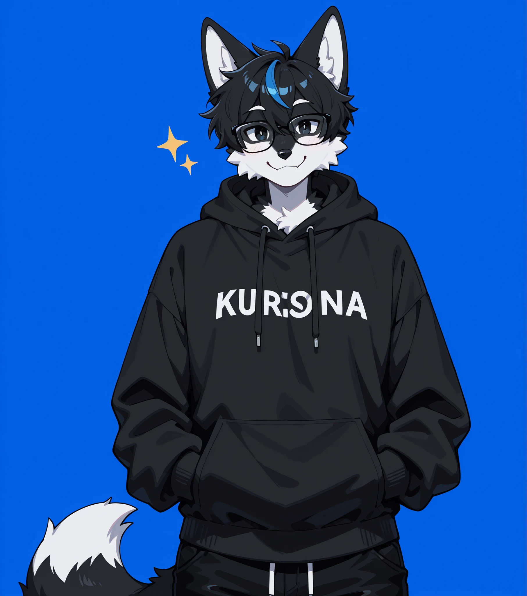 black fox furry fursona boy, wearing a black hoodie and black pants, smiling, wearing glasses with black lenses, looking at the viewer, black and blue background