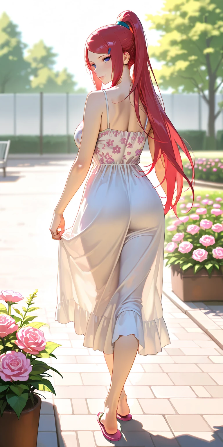 Adorable, Woman,big-eyed woman, round face. promenent lips. Smileing,In the garden,Her hands are behind her...., , large ass, wearing a cute sun dress. Picture from the side,looking at the scenes, intense colors, Very valuable details, complex details, volumetric lighting, digital art, 8k, trending on Artstation, Clear focus, complex details, highly detail, Greg Rutkowski Big Eyes, high-resolution, fiery red hair. Anna Popplewell
