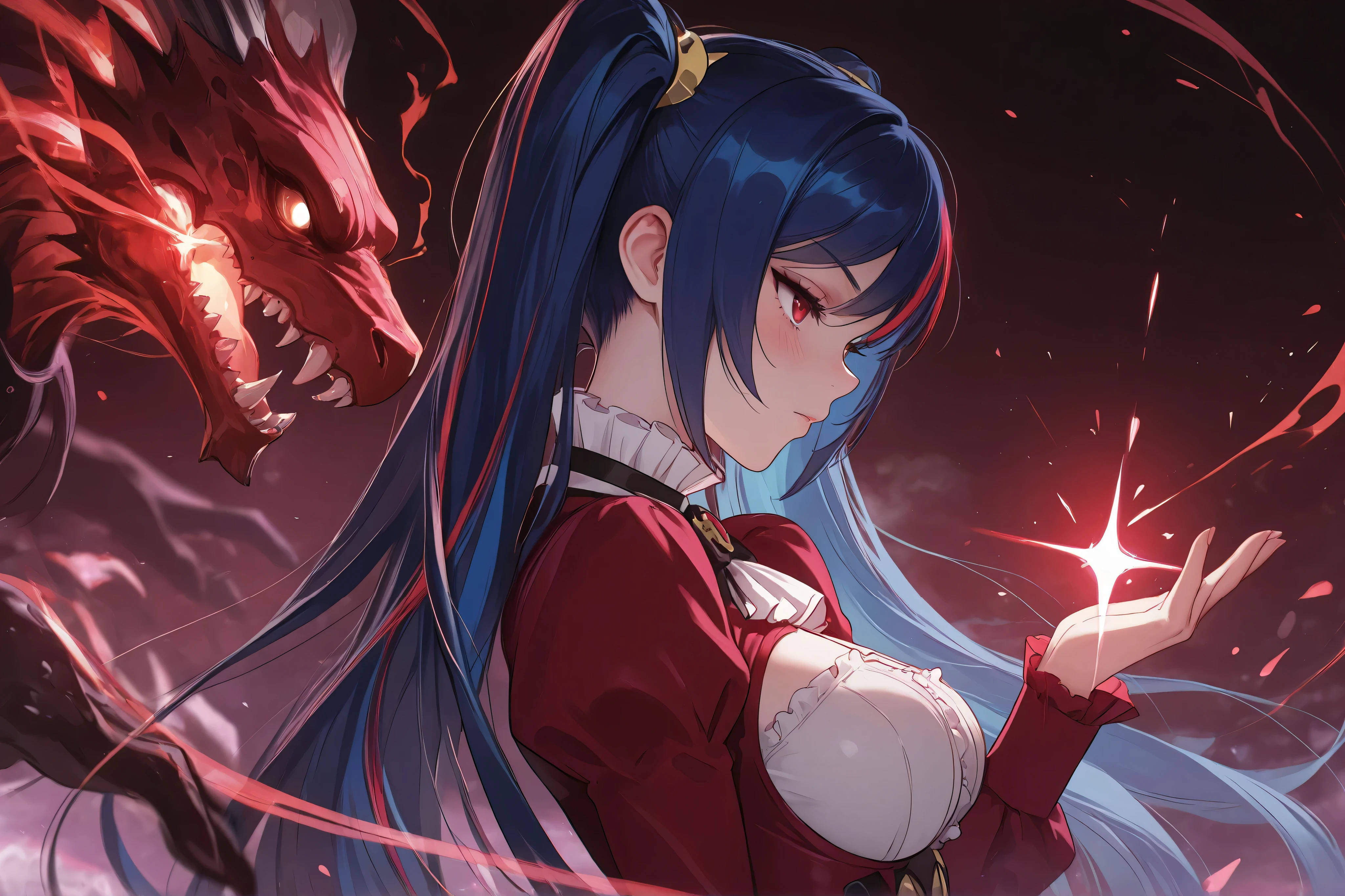 Dratena Belbury , masterpiece , best quality , amazing quality , 1girl , NSFW , chromatic aberration , very long hair , twintails, red eyes , breasts, Virtual world, fantasy, bright colors, glow, astonishment, Red forest, fantasy creatures, Side view, Fantasy world background, red streaked hair , blue hair, middle breasts, extremely detailed face , detailed eyes , Greatest Masterpiece , TOP QUALITY , 8k , The correct number of fingers on hands