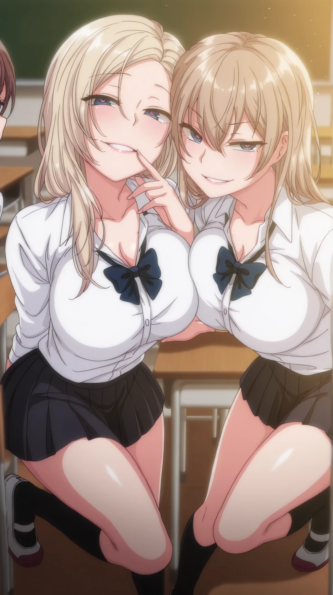 2 girls, kurashiki reigns, long hair, asymmetrical hair, large breasts, blue eyes, blonde hair, smile, narrowed eyes, parted lips, looking at viewer, naughty face, chisa, alone, chisa_IlXL,Brown Hair, slight smile, contrast, looking at viewer, seductive smile, anime coloring, expressive, sensual pose, full body, smiling, masterpiece, best quality, dynamic lighting, seductive smile, naughty, wild, looking at viewer, seductive body, sensual, school uniform detailed hand, detailed background, detailed eyes, flashy eyes, pretty eyes, perfect face, light particles, parted lips, happy, high quality(inside classroom, school desk, school chair,skirt, cholding a pop, heart-shaped pupils