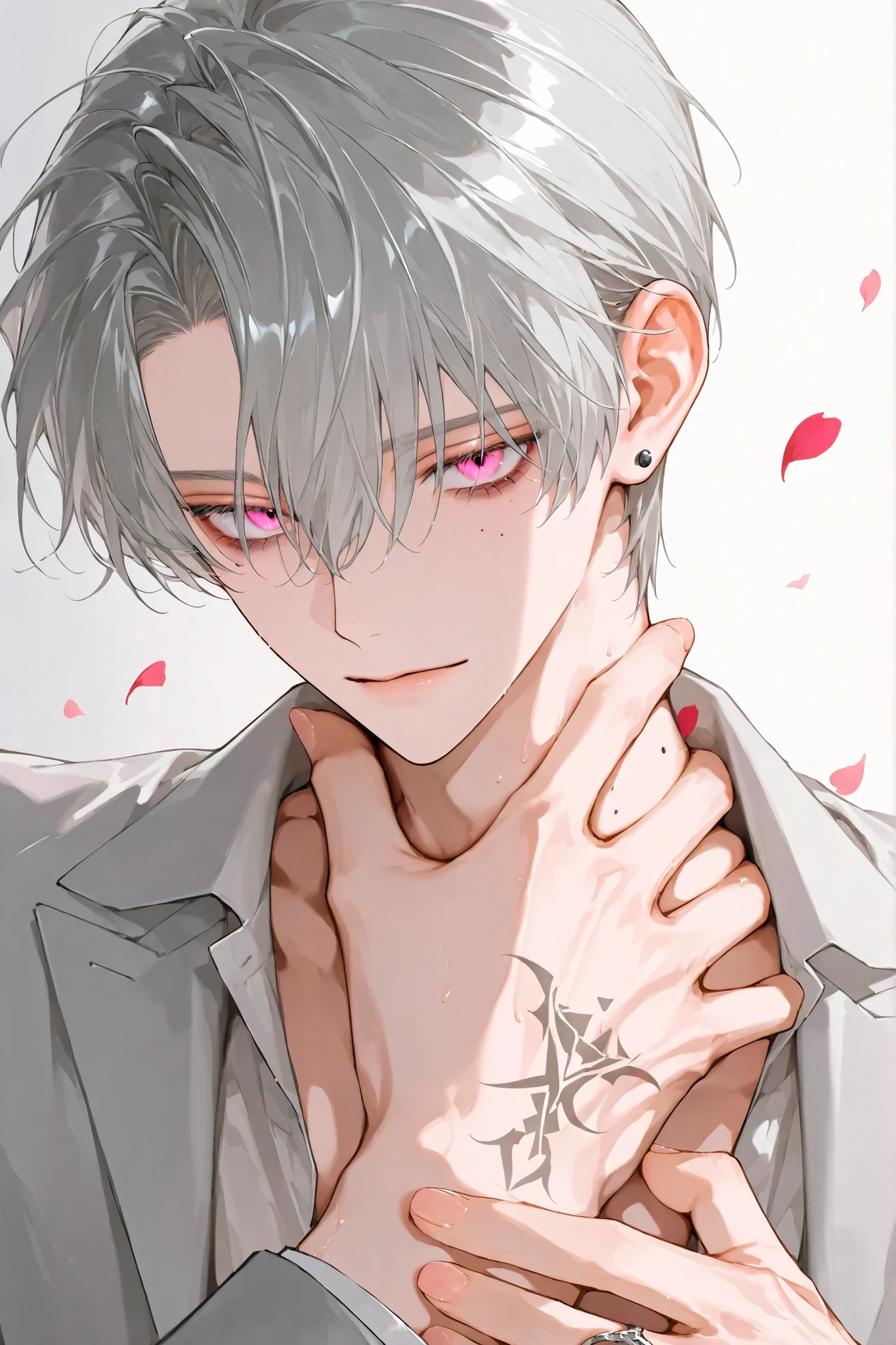 (of a short light gray man with his hand:1.4)，alone， petals in the dance、"" teenager ""，crazy poison,moles under the eyes,pink eyes, touch your neck with your hands，Handsome