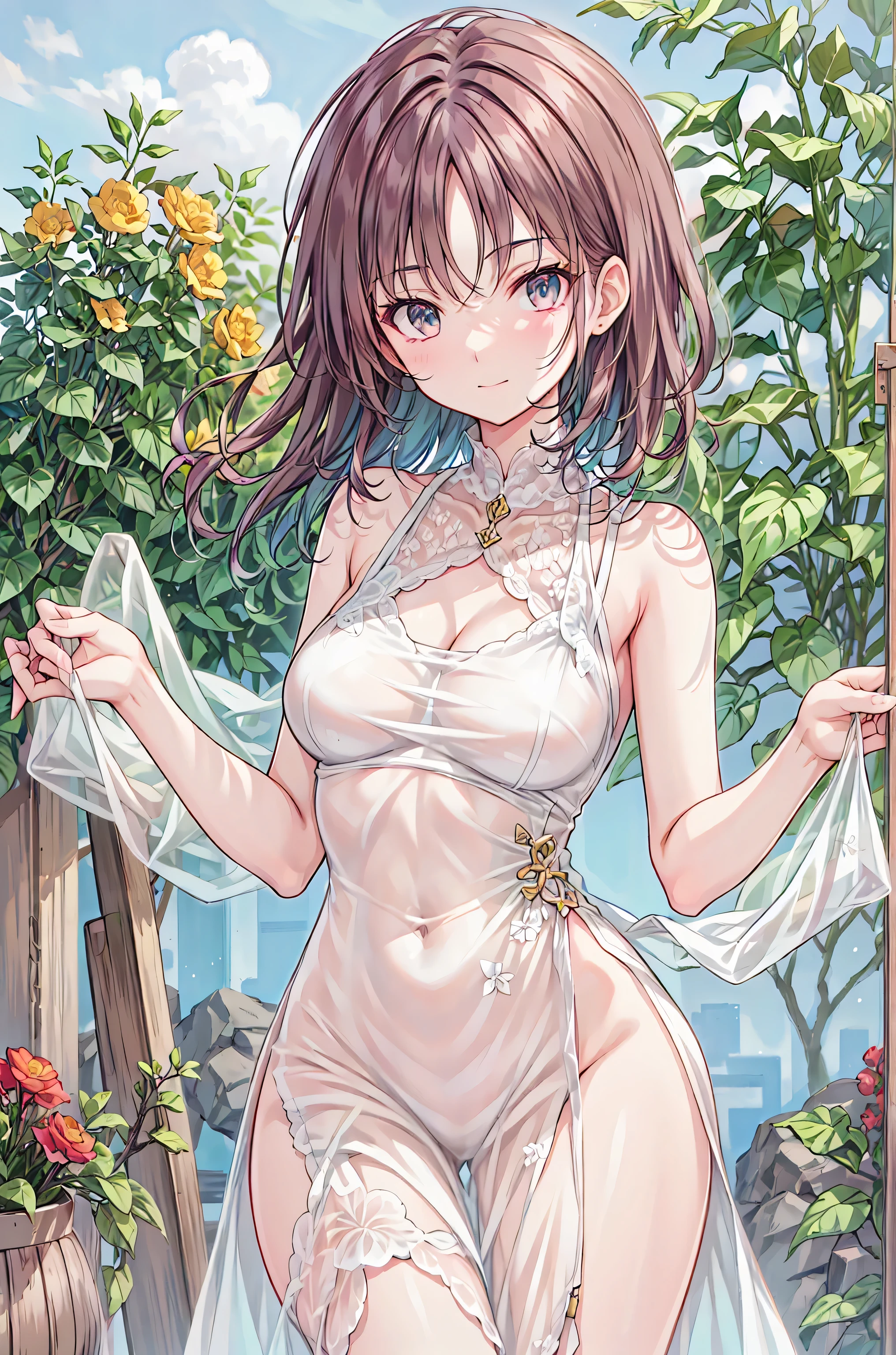 8K masterpiece, excellent image quality, anime woman, seductive pose, (((very large breasts))), realistically rendered curves, cool wind blowing through her (((Silver short hair, bangs bangs))), golden highlights (((Shining Red eyes))), (((Highlight on eyes)), catching the dim light, pale pink lips smiling softly, gentle and rational bangs swaying gently in the wind, (((Center Opening Front Zipper Swimsuit, Pink colored Swimsuit))), exquisitely painted floral background blooming in vibrant colors, leaves swaying gently, delicate features accentuated by the play of light and shadow, rose garden
