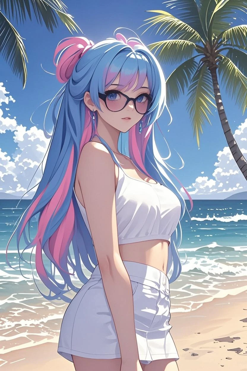 (Masterpiece, Best Quality, Best Quality, Watercolor (Medium), Official Art, Beautiful and Aesthetic: 1.2), (1 Girl: 1.3), (Fractal Art: 1.3), Full Body, (Chair), ((Back View)), Pattern, (Irridescent Hair, Colorful Hair, Half Blue and Half Pink Hair: 1.2), Blue Sky, Clouds, Colorful, Smile, Glasses, Close Up, Heterochromia, (Colorful: 1.5), (Shy Face), (Rainbow)), (( Clothes with wide open back)), {{back}}