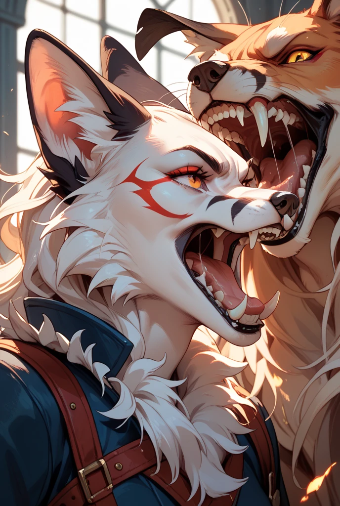 A chubby (obese:1.3) sergal, black bdsm harness on his entire body, ((male)) (femboy slim)((gray and white)) ((male) (anthro) ([sergal])), mouth open tongue out groaning in pleasure, {(on bed), (viewer looking into mouth), (close-up of mouth), (from below), (looking at viewer)}, (wide open mouth), (tons of spit and drool), (can see in mouth), (can see back of throat), (mouth focus), (by Kenket), by Ross Tran, by Michael & Inessa Garmash, by Pino Daeni, by Kiguri, by Alena Aenami, by Ruan Jia  [background; (bedroom), (candles), (ambient lighting)] (best quality,4k,8k,highres,masterpiece:1.2), (ultra-detailed), (realistic,photorealistic,photo-realistic:1.37)