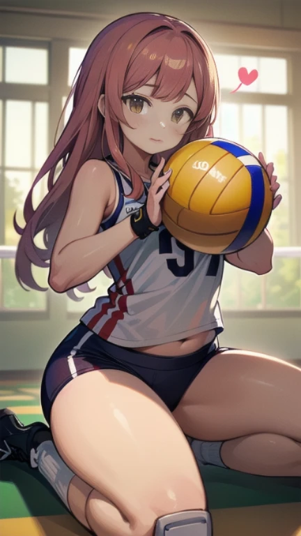 unity 8k wallpaper, Anatomically correct, (((masterpiece))), (((highest quality))), (((Super detailed))), (((High resolution))), ((The ultimate cuteness)), Perfect hands, Perfect Fingers, (((Excellent anatomy))), Beautiful face in every detail, Shiny brown hair, (((Improve))), (Potbelly), (Curvy), Small breasts,Slightly chubby,, ((Thick thighs)), (((alone))), ((Captivating smile)), (((blush))), break, (((sit astride the perfectly spherical shape 6-inch volleyball))), (((Spanning a perfectly spherical 6" volleyball))), (((Perfect sphere 6" volleyball fits perfectly crotch))), break, (((Rub the Perfect sphere 6" volleyball against crotch))), break, (Collared volleyball uniforms), No sleeve, ((Knee pads)),, (Elbow pads), (((Sweat))), (((covered in Sweat))), ((Take a deep breath)), volleyballコート, indoor, Lighting, View your viewers, whole body, (Spoken Heart)