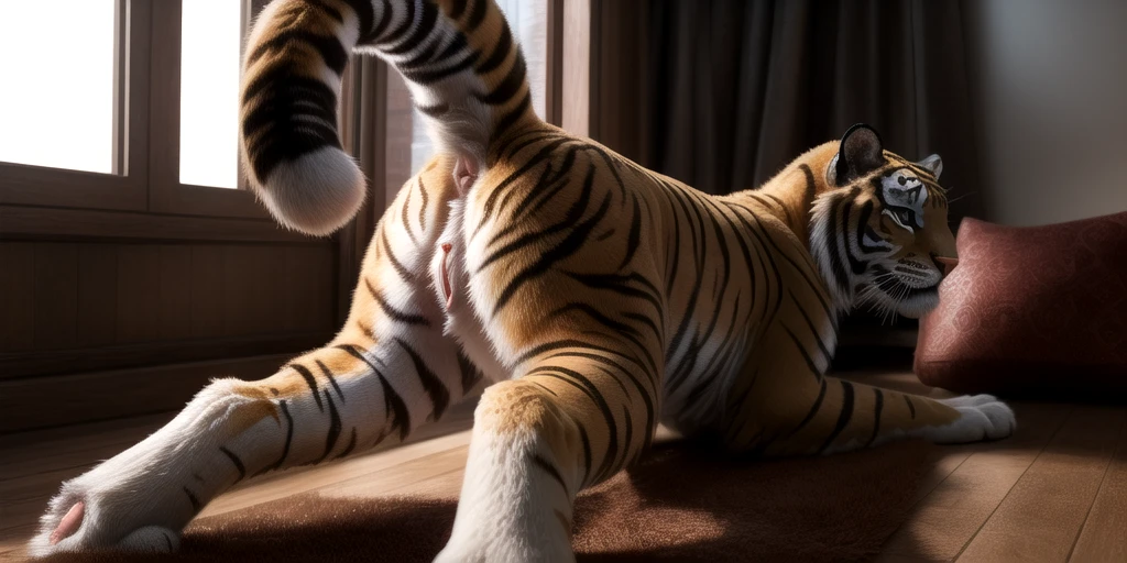 An image of an naked male tiger, with their anus and ass in the screen. Wide open, with their ass clapping, with cum on their ass cheeks.