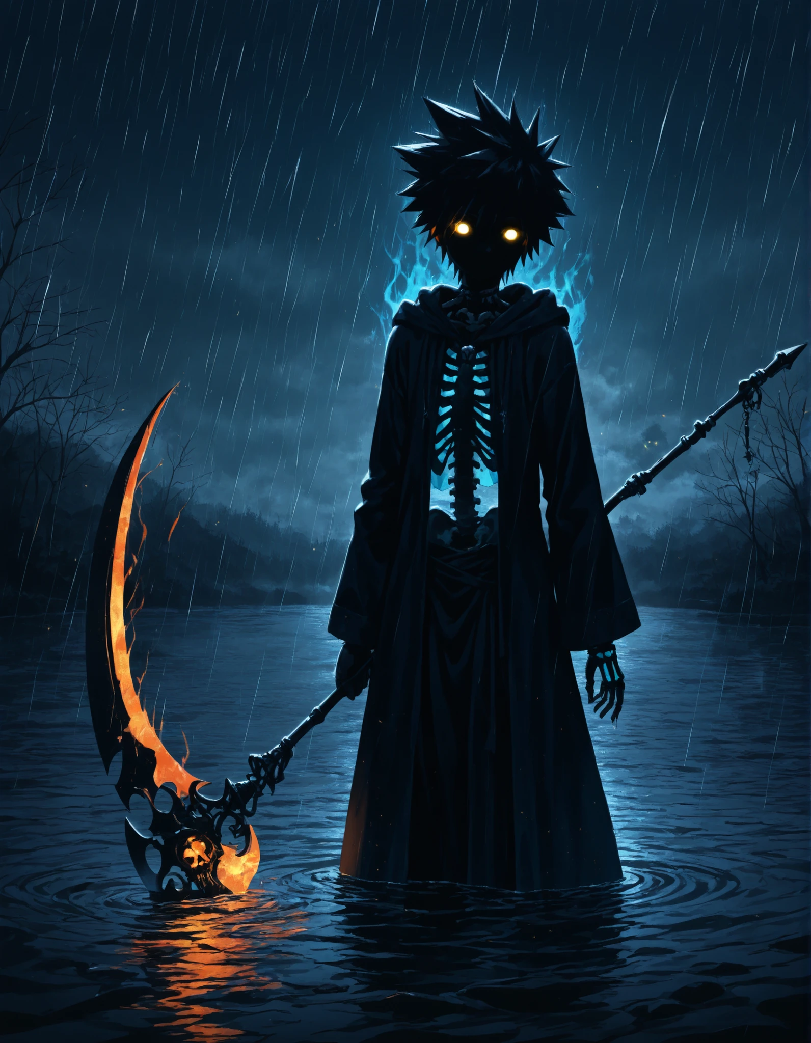 masterpiece, best quality, amazing quality, very aesthetic, absurdres, newest, detailed background, antiKH, 1boy, solo, spiked hair, skinny, skeleton, skull, robe, open clothes, scythe, aura, white eyes, glowing eyes, spot color, neon palette, orange, gold, splatter, dark, horror, fog, outdoors, lake, night, in water, blue water, rain