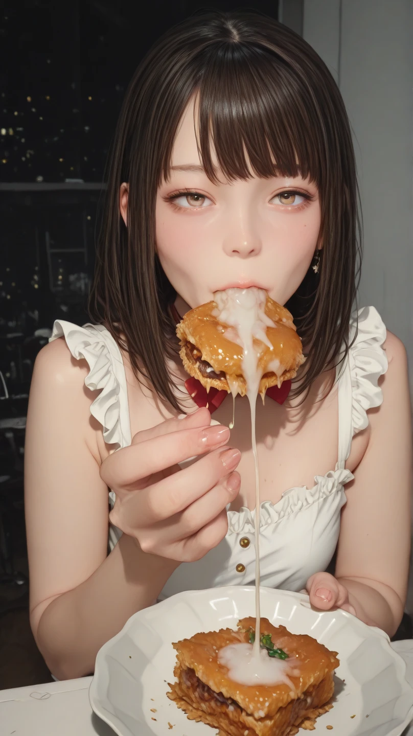 masterpiece,High Quality,High Quality,High Quality,17 Years Old Girl,(Japan Idol),(Licking Sausage:1.3),Sticking out your tongue,Force licking,Tousled hair,Double eyelids,Detailed eyes,Detailed mouth,Sleepy expression,Realistic as pictures,Ponytail,Cute,High school uniform,Perfect body,Cleavage,White liquid