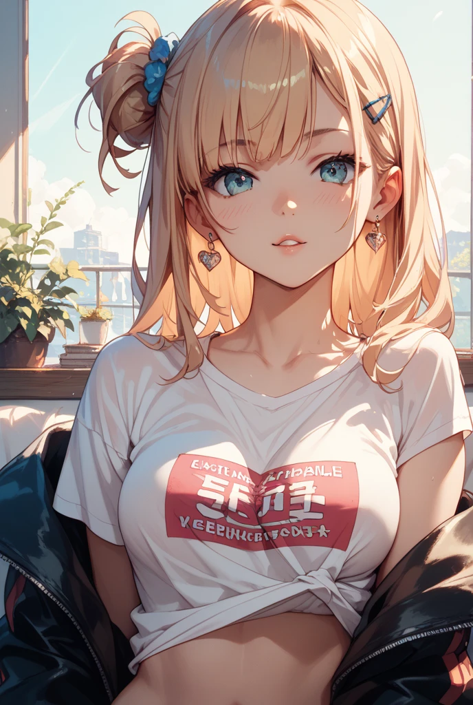 (8k, highest quality, best quality, masterpiece, highly detailed:1.2),
1girl, upper body, woman looks like (Margot Robbie), wearing boyfriend shirt and panty, (naked shirt, shirt tug), shy, half smile, midday, from below