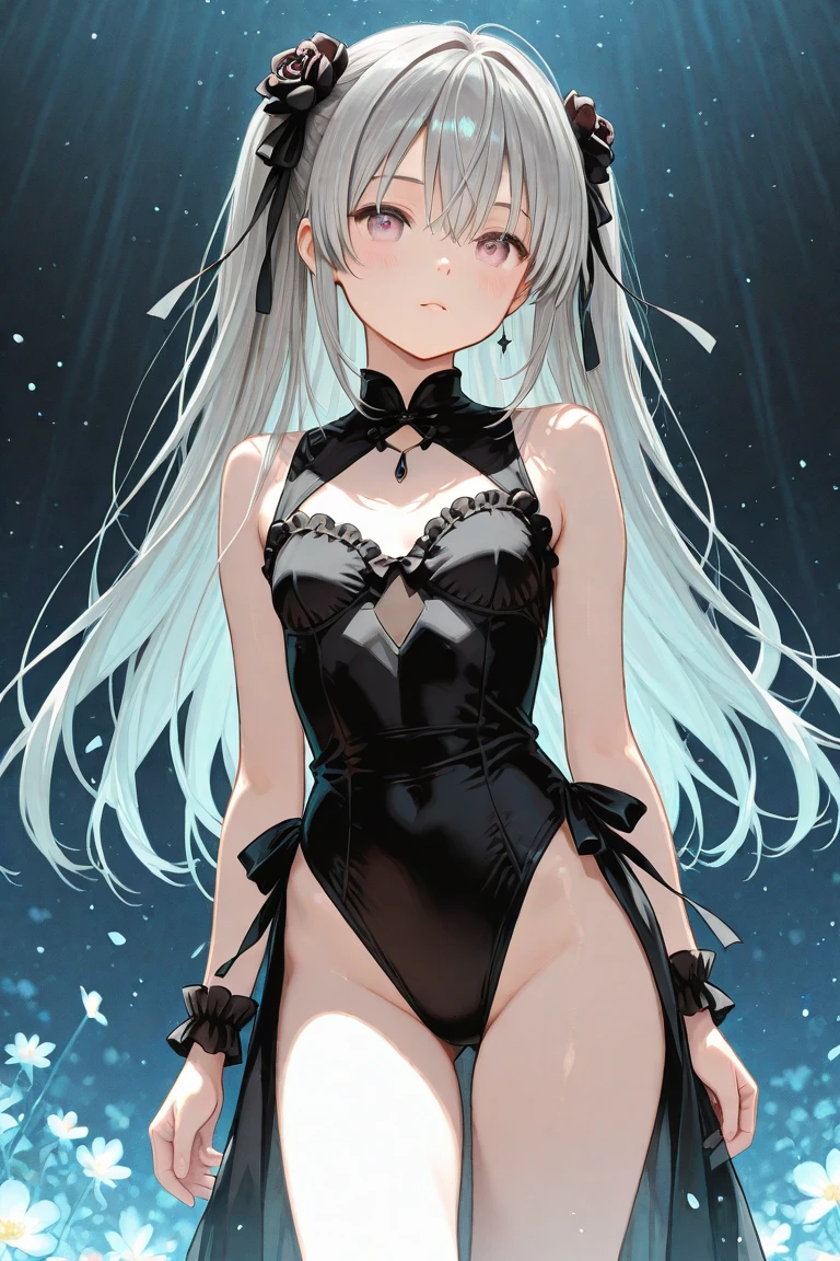 1girl, bangs, bare_shoulders, black_gloves, black_headwear, black_leotard, blue_bow, blue_butterfly, blue_eyes, blue_flower, blue_ribbon, blue_rose, bouquet, breasts, choker, covered_navel, cowboy_shot, elbow_gloves, eyebrows_visible_through_hair, floral_background, flower, gloves, gradient, gradient_background, grey_background, hat, hat_flower, highleg, holding, holding_flower, hydrangea, leotard, lifted_by_self, lily_\(flower\), long_hair, looking_at_viewer, mole, mole_under_eye, mouth_hold, pantyhose, ribbon, rose, silver_hair, smelling, solo, sun_hat, thighs, white_flower, white_legwear <lora:style_Ashima:1>