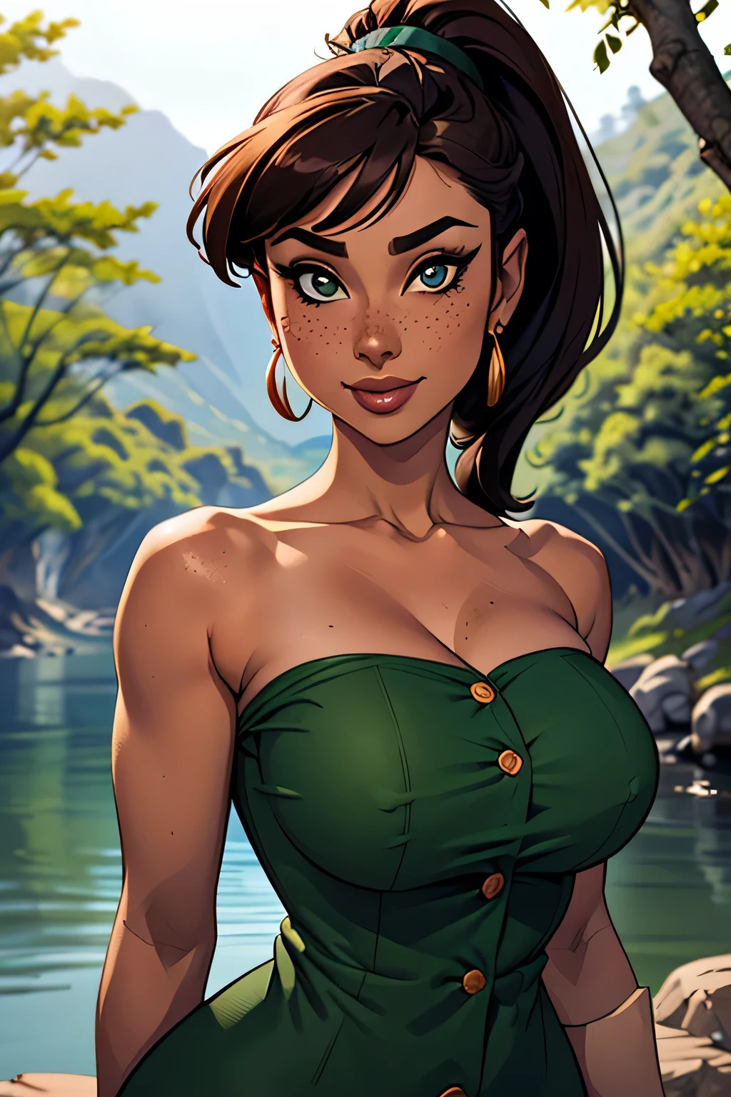 (masterpiece) (best quality) (detailed) (8k) (sharp focus), 1 female, Belice, tanned skin, ponytail, benefactors daughter reference