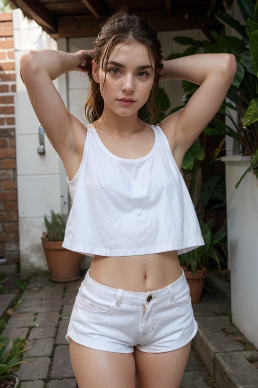 Anya Taylor Joy , white sleeveless t-shirt, white panties, leaning on the railing of a small balcony of a tall building in a dense city.  View from above and behind, showing drab buildings, a can, a blue slipper and a plant. pink railing,