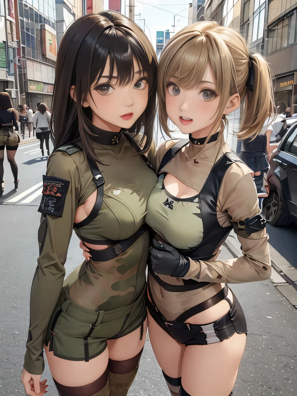 A girl with brown hair, short bob, long green eyes, titanic sized breasts and a normal ass with thigh-high fishnets and a short bikini.